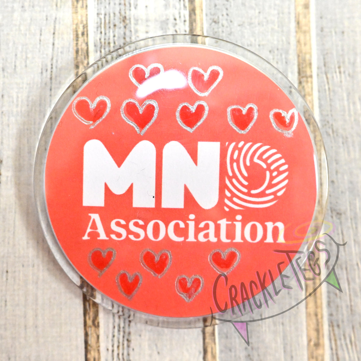MND fundraiser badge. Handmade, Glittery, Plastic.