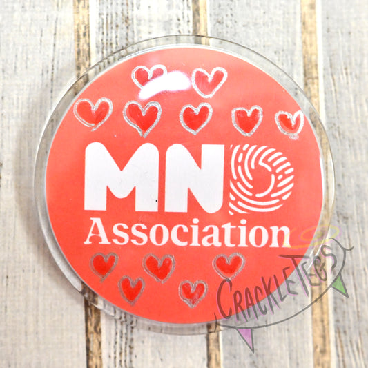 MND fundraiser badge. Handmade, Glittery, Plastic.