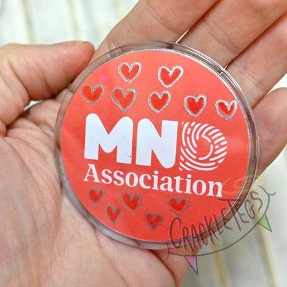 MND fundraiser badge. Handmade, Glittery, Plastic.